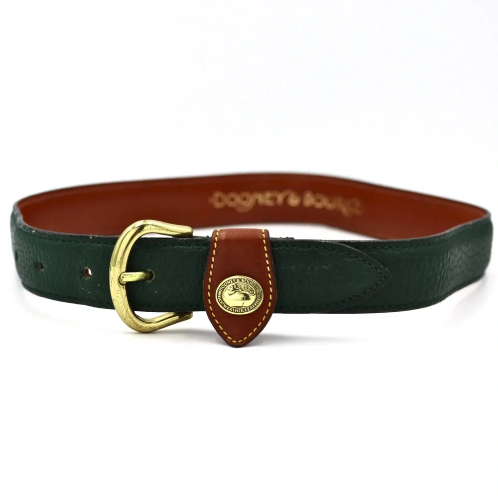 Dooney & Bourke Dark Green Leather Belt with Brown Accent and Gold Buckle